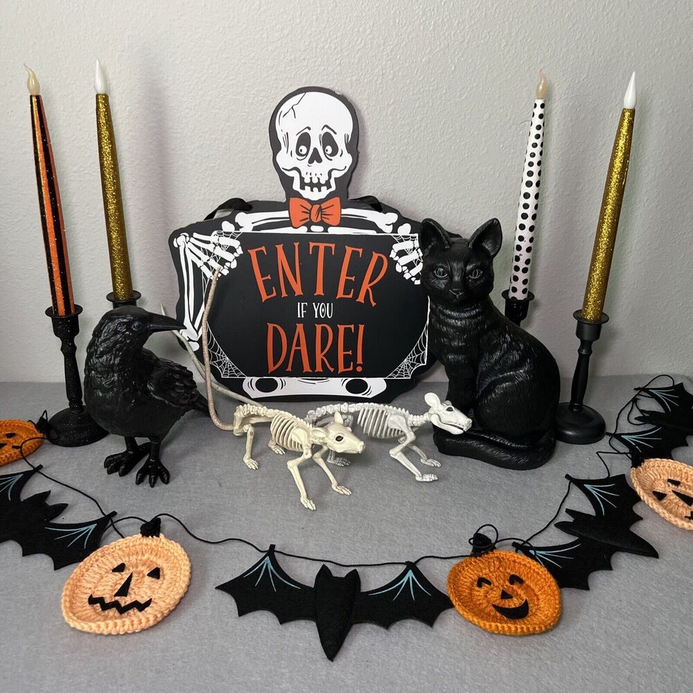 Mixed Lot of Halloween Decorations Black Cat Black Crow Rat Skeletons And More